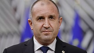 Bulgaria's President Rumen Radev speaks to the media at an EU summit in May.