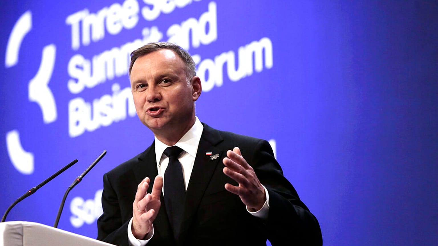 Poland's President Andrzej Duda, speaks during press conference of Three Seas Summit at National Palace of Culture in Sofia, Friday, July 9, 2021.