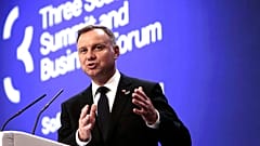 Poland's President Andrzej Duda, speaks during press conference of Three Seas Summit at National Palace of Culture in Sofia, Friday, July 9, 2021.