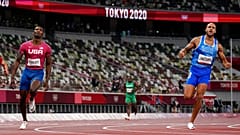 Lamont Jacobs, right, of Italy, celebrates after winning the men's the 100-meter final at the 2020 Summer Olympics, Sunday, Aug. 1, 2021, in Tokyo.