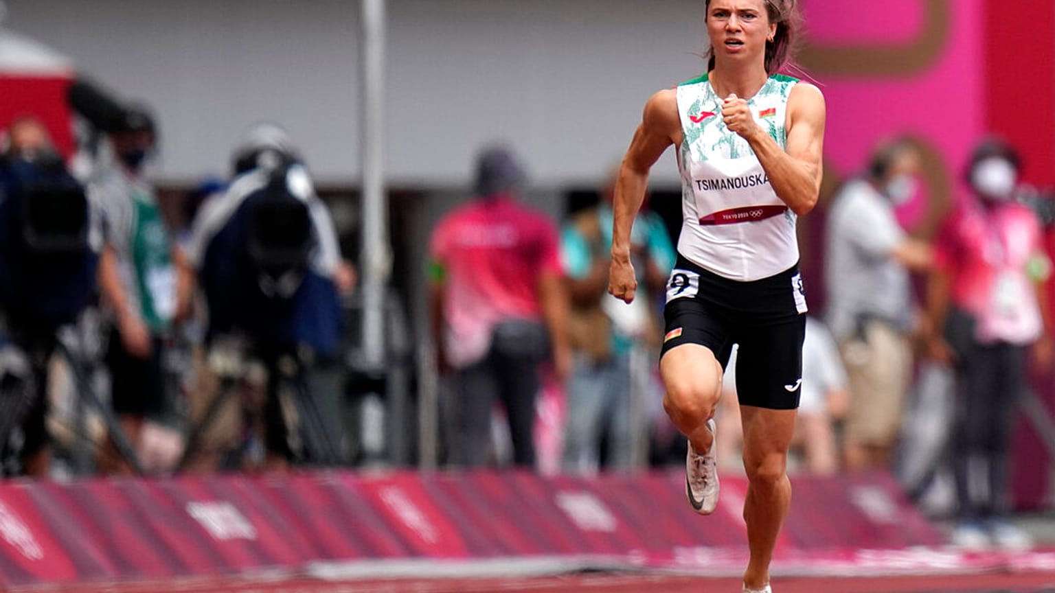 L’athlète Krystsina Tsimanouskaya le 30 juillet 2021, lors de l'épreuve de 100 mètres des JO de Tokyo 2020. 