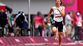 L’athlète Krystsina Tsimanouskaya le 30 juillet 2021, lors de l'épreuve de 100 mètres des JO de Tokyo 2020. 