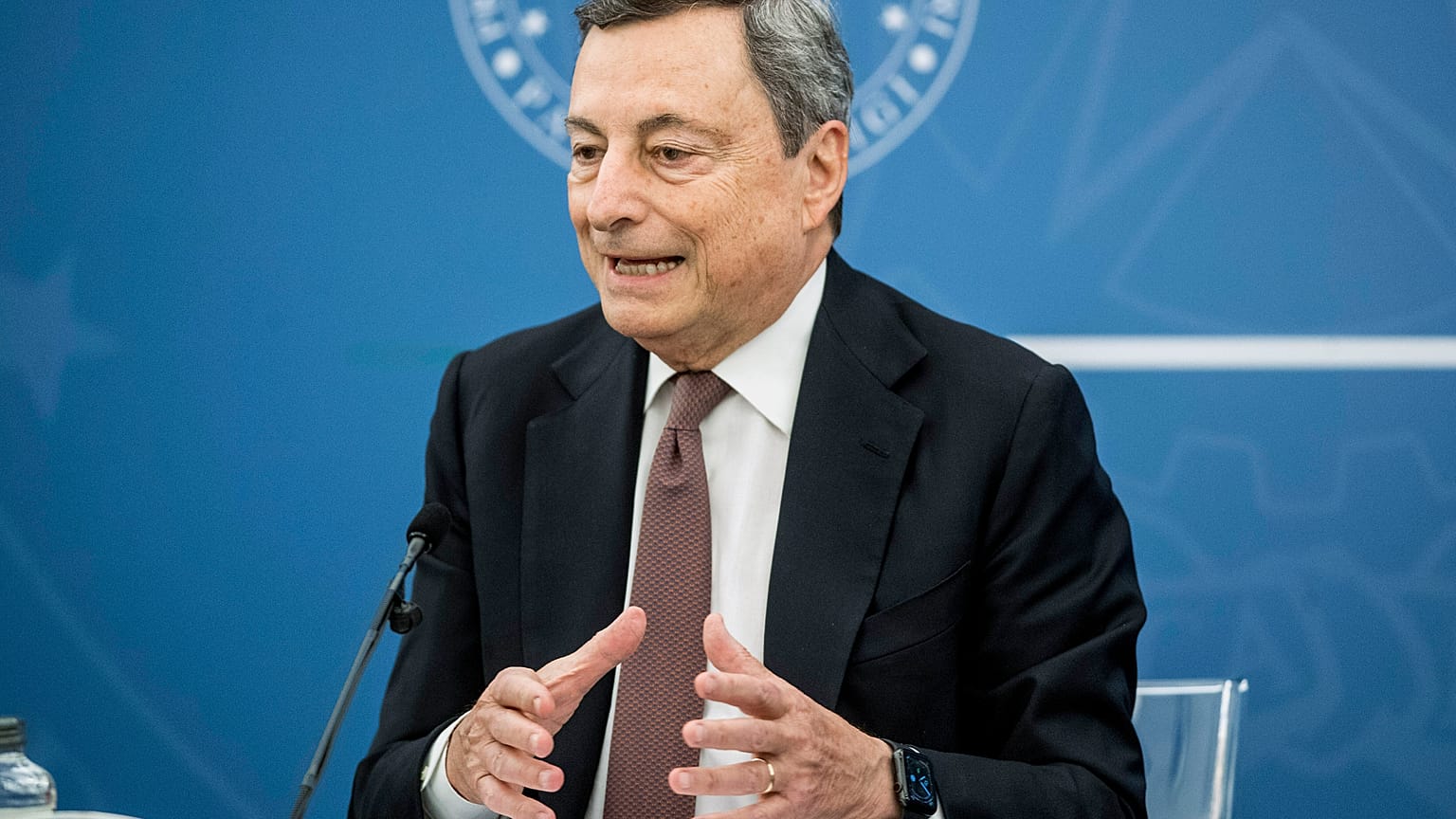 Italian Premier Mario Draghi speaks at a press conference at Chigi Palace government office in Rome, Thursday, July 22, 2021.