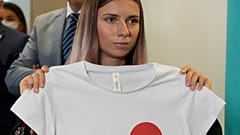 Belarusian Olympic sprinter Krystsina Tsimanouskaya after her news conference in Warsaw, Poland, on Aug. 5, 2021.