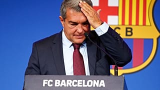 Le président du FC Barcelone Joan Laporta en conférence de presse ce vendredi