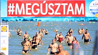 Az átúszás résztvevői a balatonboglári célban