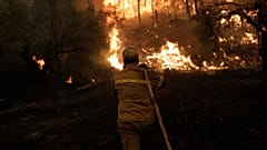 Πυροσβέστης επιχειρεί στην κατάσβεση της πυρκαγιάς στην περιοχή Πευκί στη Βόρεια Εύβοια, Κυριακή 08 Αυγούστου 2021
