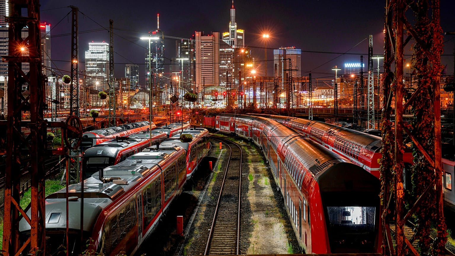 Trains outside the central train station in Frankfurt, Germany