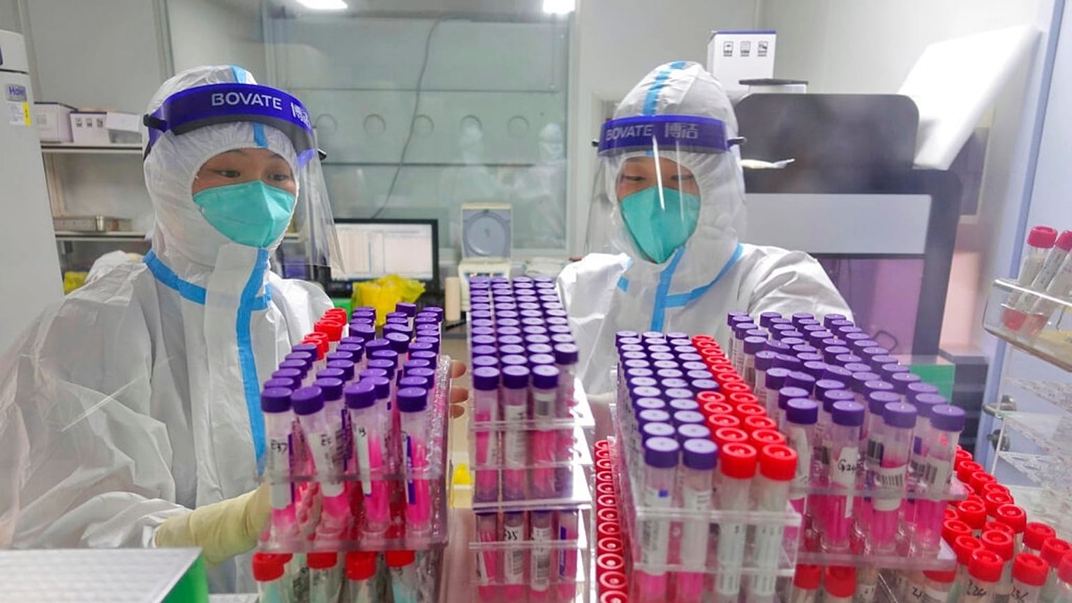 Workers handle swab samples for COVID-19 test at a hospital lab in Yantai in eastern China