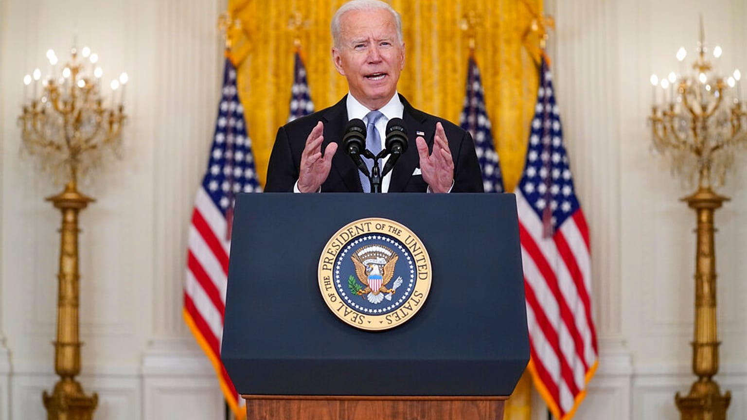President Joe Biden speaks about Afghanistan from the East Room of the White House, Monday, Aug. 16, 2021, in Washington.