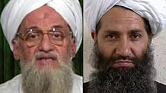 زعيم تنظيم القاعدة أيمن الظواهري (إلى اليسار) في 12 فبراير 2012، زعيم طالبان الملا هيبة الله أخوند زاده (إلى اليمين) في 25 مايو 2016 