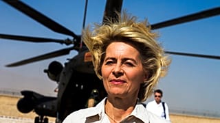 Ursula von der Leyen, then Germany's defence minister, leaves a helicopter during her visit at Camp Shaheen in Afghanistan in 2014