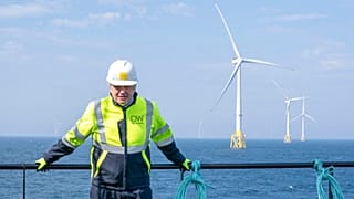 Britain's Prime Minister Boris Johnson onboard the Esvagt Alba during a visit to the Moray Offshore Windfarm East, Scotland.