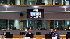 Josep Borrell is seen on a screen as he takes part in an extraordinary Foreign Affairs Council addressing the situation in Afghanistan, in Brussels, on August 17, 2021.