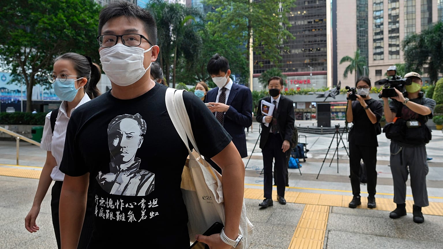 Pro-democracy activist Raphael Wong arrives at a local court in Hong Kong Thursday, Aug. 19, 2021. 