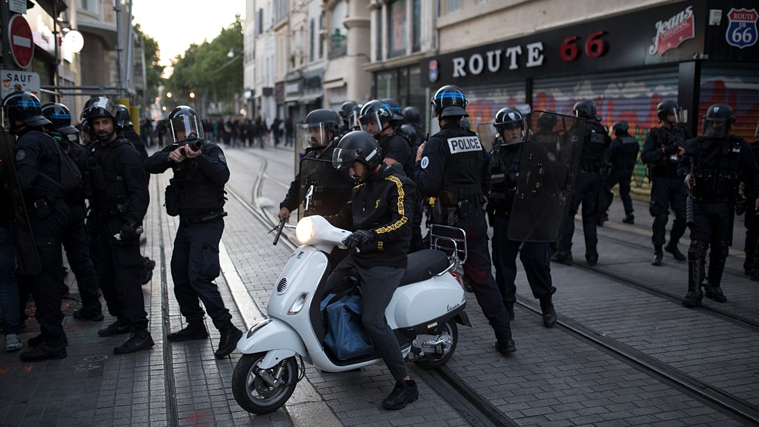 French riot police secure a street during a march against police brutality and racism in Marseille, France, June 13, 2020