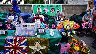 Gurkha military veterans pictured during the hunger strike outside Downing Street on Wednesday.