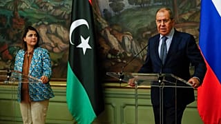 Russian Foreign Minister Sergey Lavrov and Libyan Foreign Minister Najla Mangoush speak in Moscow on Thursday