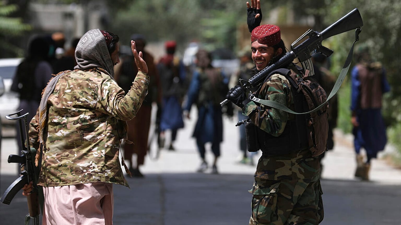 Taliban fighters patrol in the Wazir Akbar Khan neighborhood in the city of Kabul, Afghanistan, Wednesday, Aug. 18, 2021