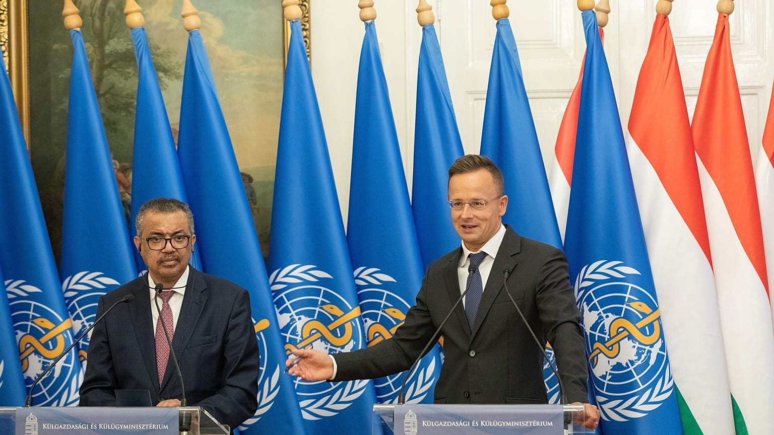 Tedrosz Adhanom Gebrejeszusz és Szijjártó Péter közös sajtótájékoztatója Budapesten