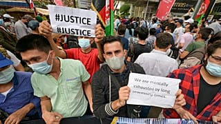 Afghan refugees hold a demonstration in front of the United Nations High Commissioner for Refugees (UNHCR) office in Jakarta.