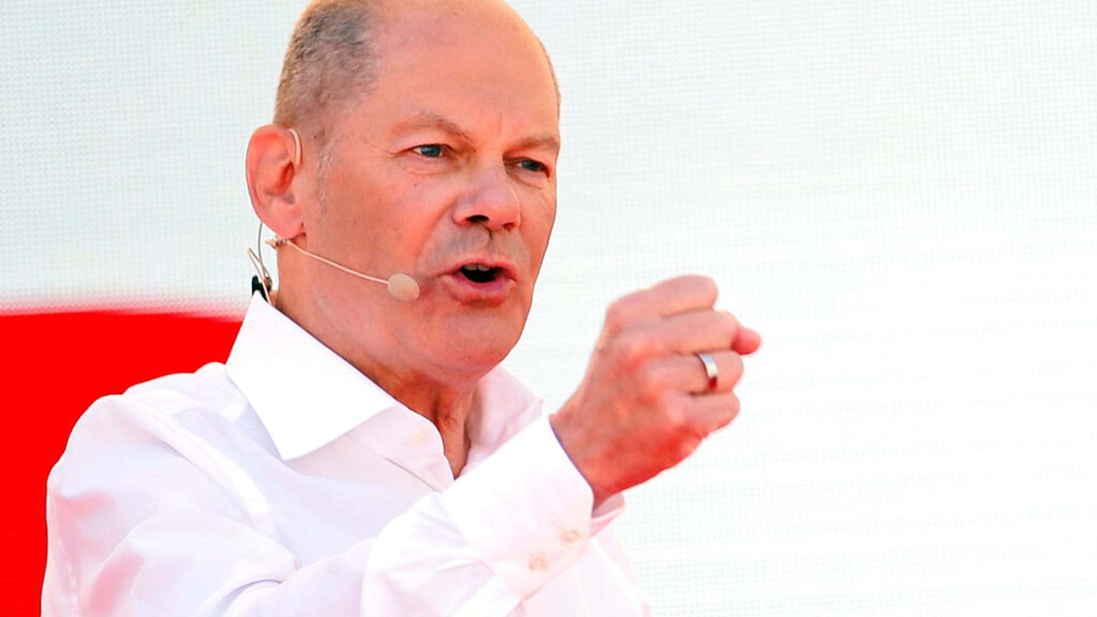 Social Democratic Chancellor candidate Olaf Scholz gestures as he speaks during an event to kick off his campaign, in Bochum, Germany