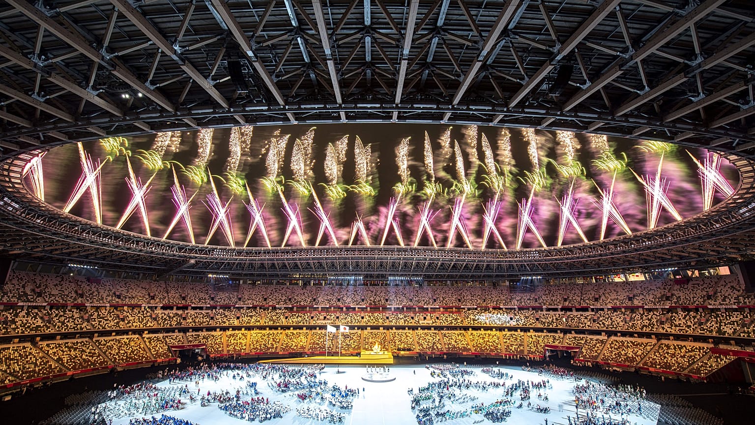 Fireworks light up the sky at the end of the opening ceremony for the Tokyo 2020 Paralympic Games at the Olympic Stadium in Tokyo on August 24, 2021. 