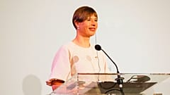The President of the Republic of Estonia, Kersti Kaljulaid addresses the media during a joint press conference with Austrian President Alexander Van der Bellen