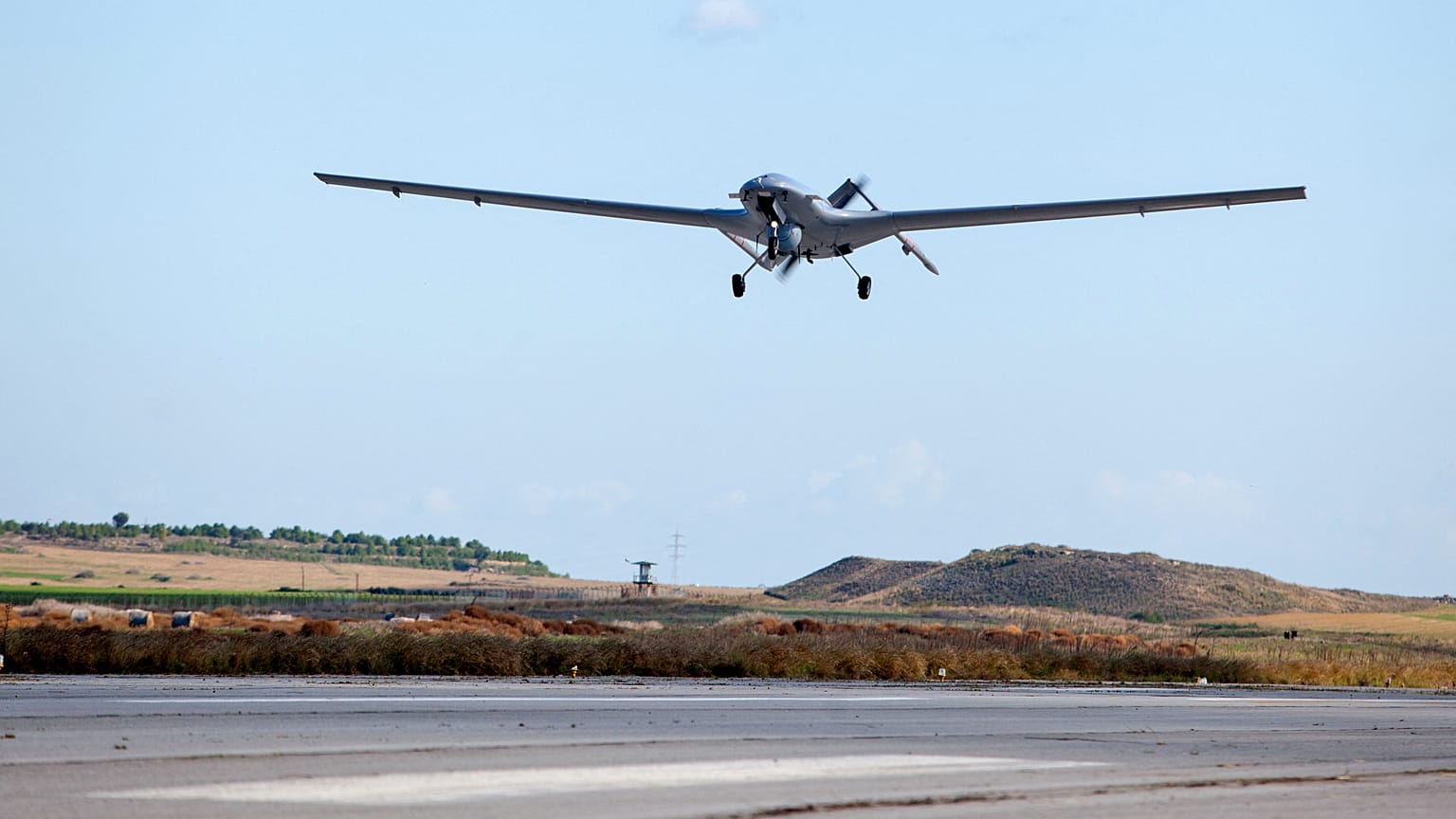A  Bayraktar TB2 drone is pictured flying at Gecitkale military airbase in northern Cyprus.