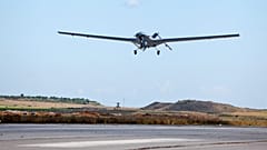 A  Bayraktar TB2 drone is pictured flying at Gecitkale military airbase in northern Cyprus.