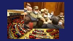 Az örmény parlament ülésterme és az egyik verekedés pillanatfelvétele