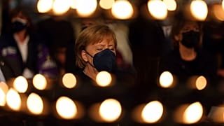 German Chancellor Angela Merkel sits during an ecumenical service and memorial ceremony for the victims of the flood disaster in western Germany at Aachen Cathedral, in Aachen