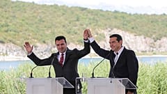 Greek Prime Minister Alexis Tsipras, right and his Macedonian counterpart Zoran Zaev