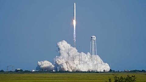 Northrop Grumman's Antares rocket lifts off the launch pad at the NASA Test Flight Facility, Tuesday, Aug. 10, 2021, in Wallops Island.