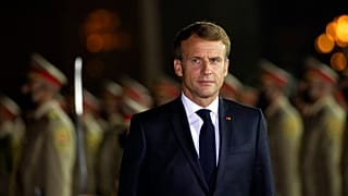 French President Emmanuel Macron arrives at Irbil international airport, Iraq, early Sunday, Aug. 29, 2021.