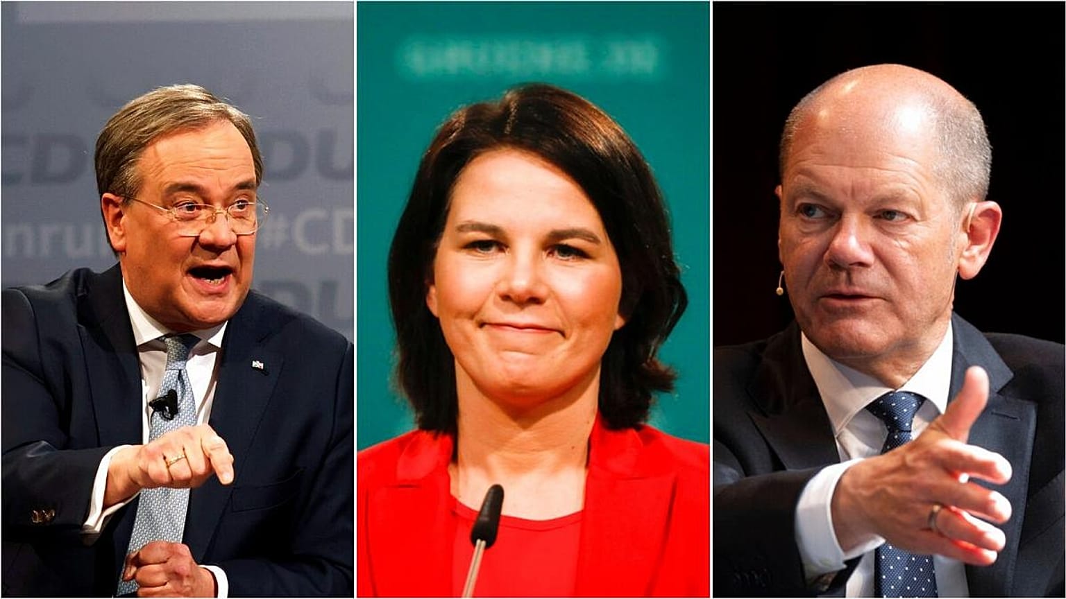 En la carrera para sustituir a Angela Merkel (de izquierda a derecha): Armin Laschet, Annalena Baerbock y Olaf Scholz 