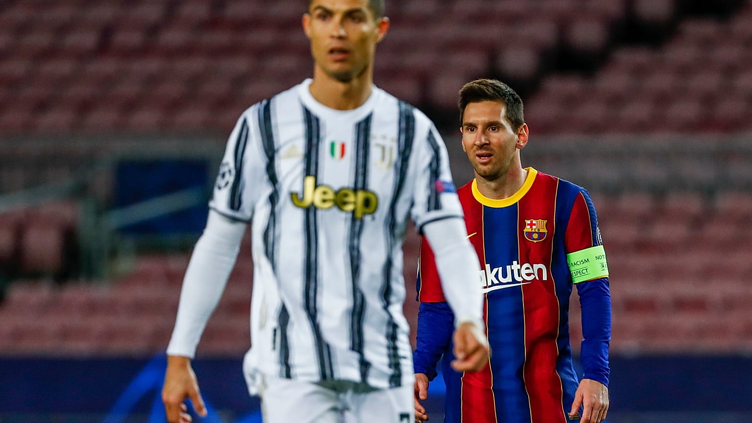 Barcelona's Lionel Messi, right, and Juventus' Cristiano Ronaldo during the Champions League match in Barcelona, Spain, Dec. 8, 2020.