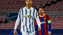 Barcelona's Lionel Messi, right, and Juventus' Cristiano Ronaldo during the Champions League match in Barcelona, Spain, Dec. 8, 2020.