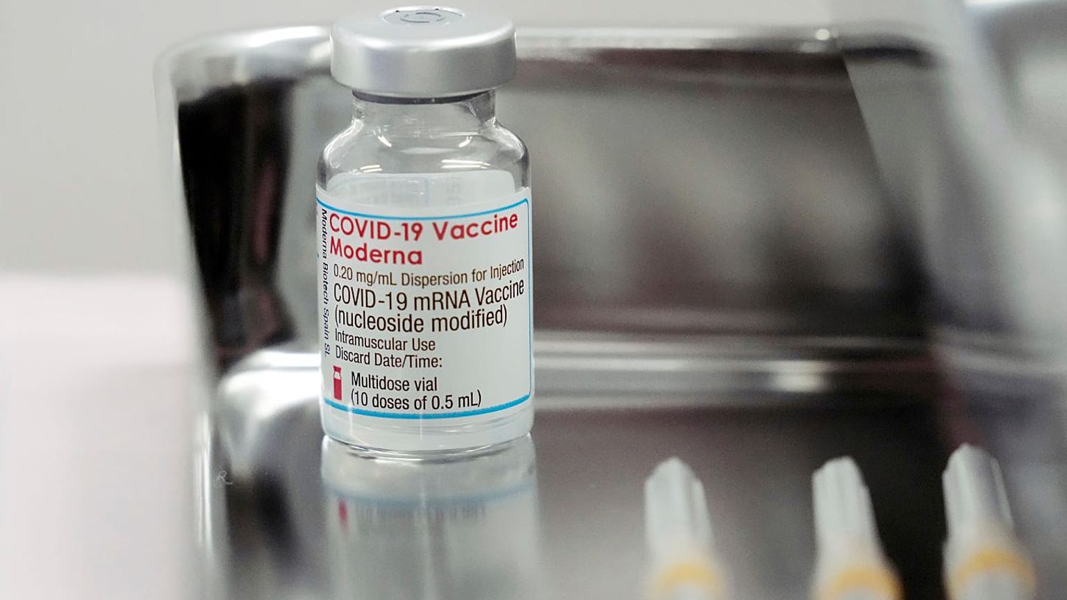 A Moderna COVID-19 vaccine vial pictured at Haneda Airport in Tokyo.