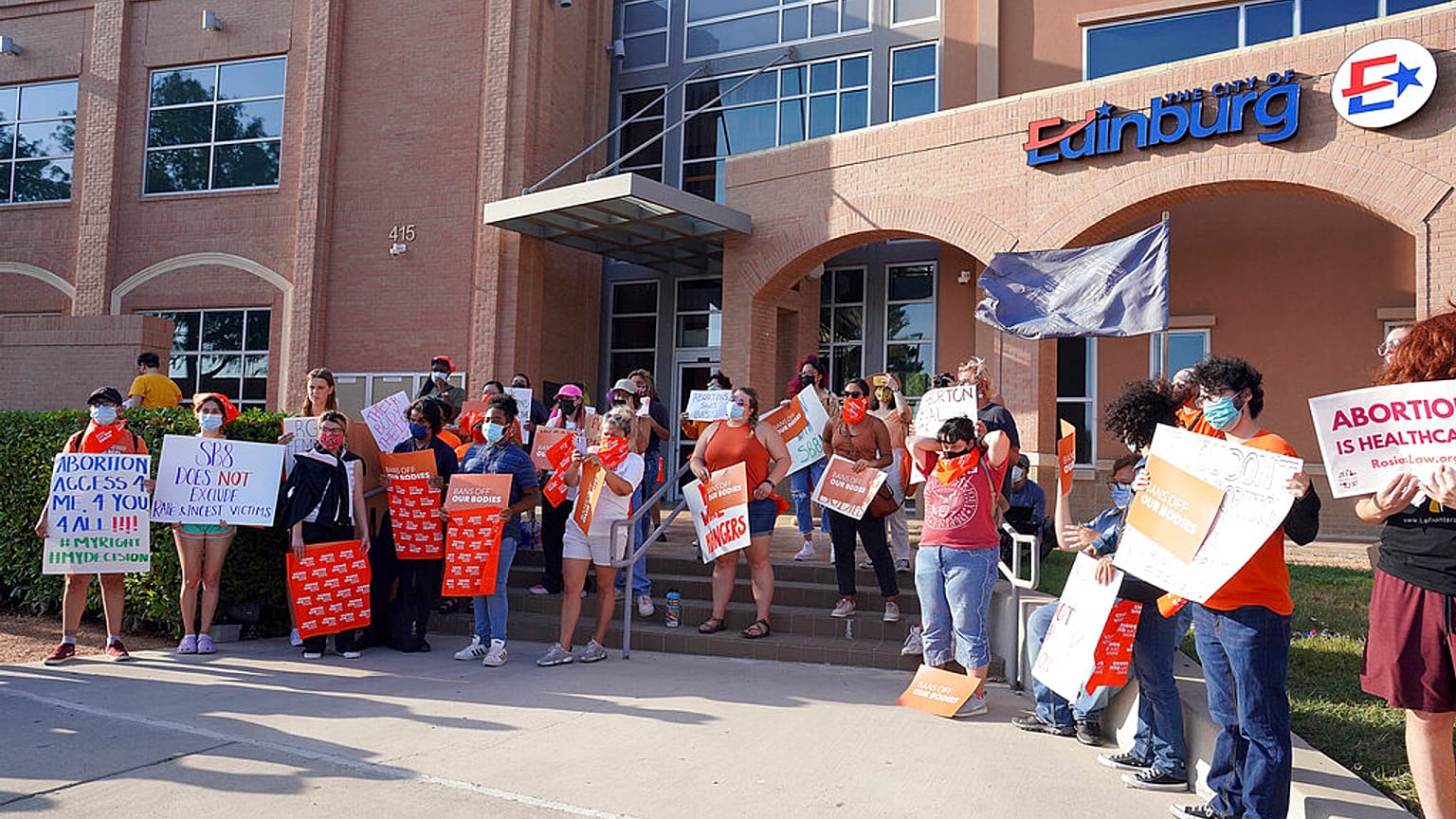 Abortion rights supporters gather to protest in front of Edinburg City Hall on Wednesday, Sept. 1, 2021, in Edinburg, Texas.