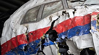 The reconstructed wreckage of Malaysia Airlines Flight MH17 at the Gilze-Rijen military airbase in the Netherlands.