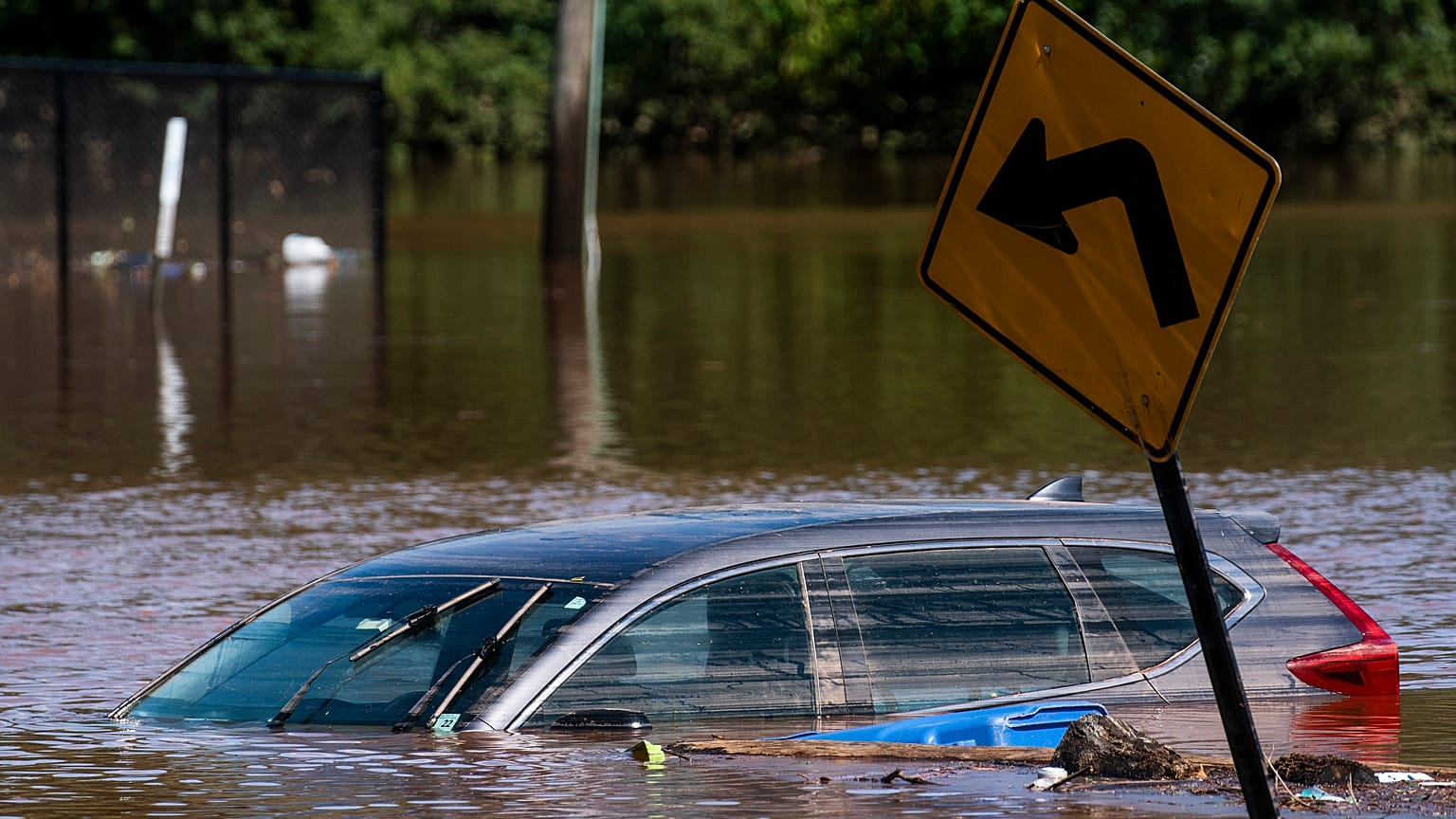 A car flooded on a local street as a result of the remnants of Hurricane Ida is seen in Somerville, New Jersey.