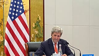US Special Presidential Envoy for Climate John Kerry attends a meeting with Chinese Foreign Minister Wang Yi via video link in Tianjin, China.