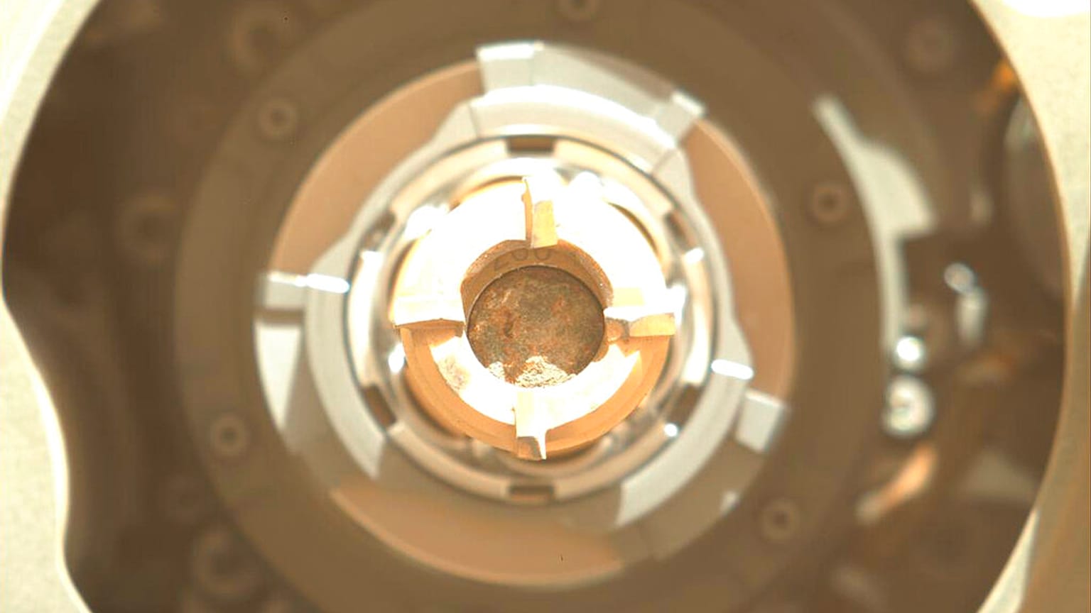 Ein Stück Gestein vom Mars in einem Behälter, der mit dem Bohrer des Roboters verbunden ist.