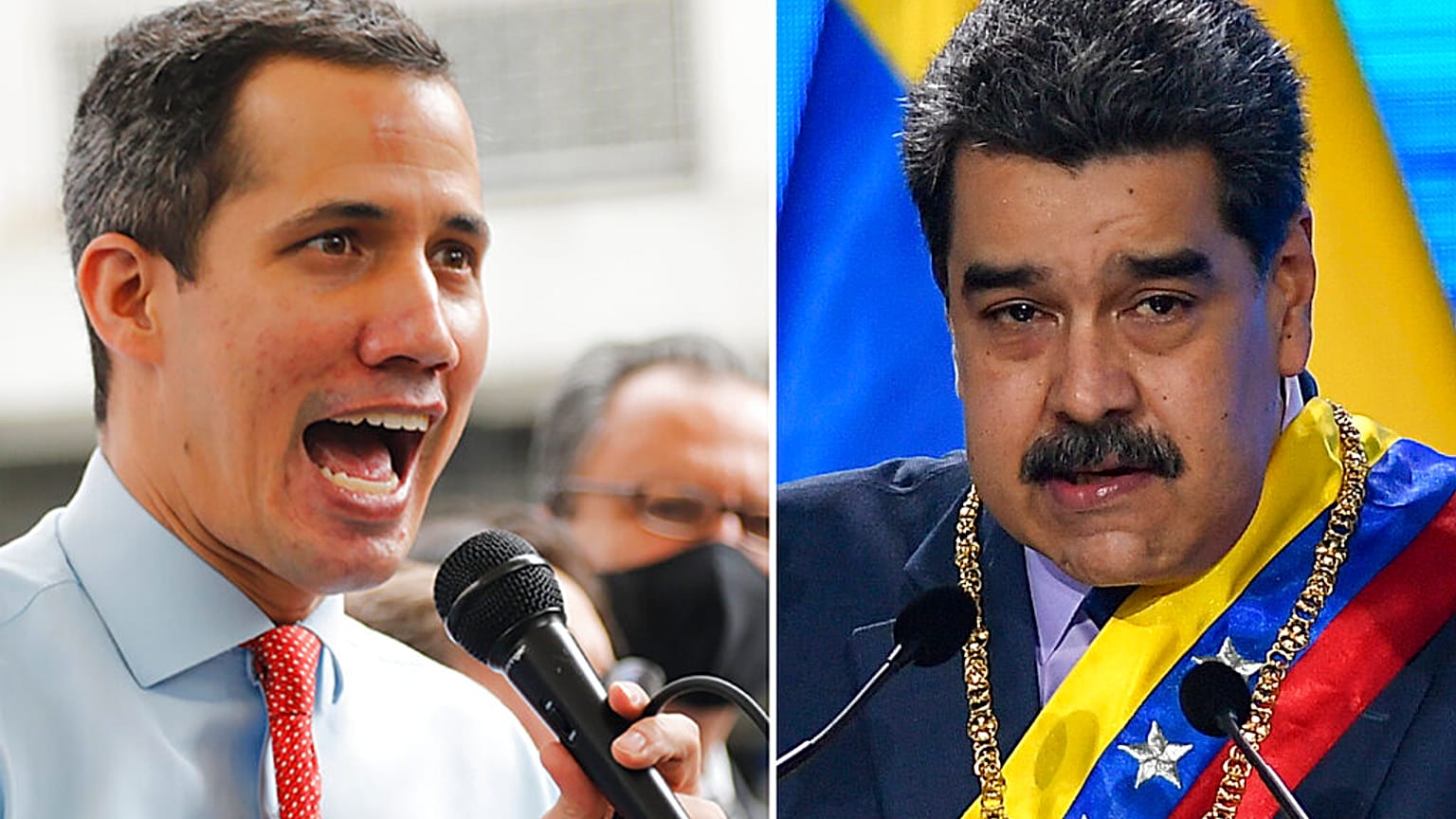 Muhalif lider Juan Guaido ile Devlet Başkanı Maduro (sağda)