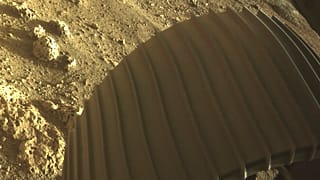 One of the six wheels on the Perseverance Mars rover, which landed on Thursday, Feb. 18, 2021. 