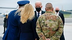 President Joe Biden and Jill Biden are greeted as they arrive at Dover Air Force Base, Del., Sunday, Aug. 29, 2021.