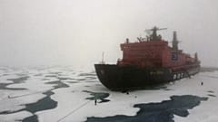 The Russian "50 Years of Victory" nuclear-powered icebreaker is seen at the North Pole on August 18, 2021
