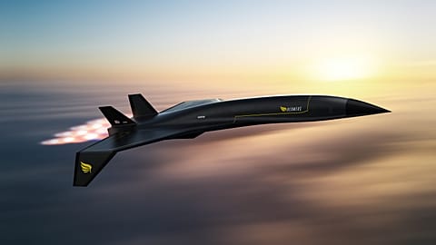 A concept drawing of a Hermeus aircraft in hypersonic flight.