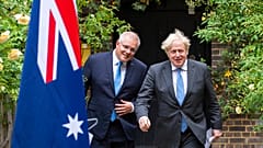 Britain's Prime Minister Boris Johnson with Australian Prime Minister Scott Morrison, in the garden of 10 Downing Street after agreeing a trade deal, London, June 15, 2021.